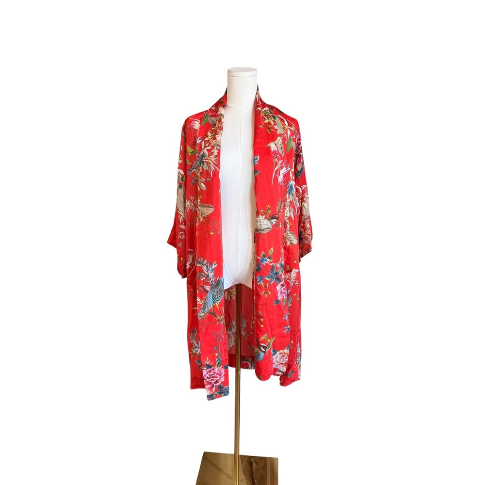 Johnny Was Red Floral Bird Print Cupro Rayon Kimono Duster Cardigan Small